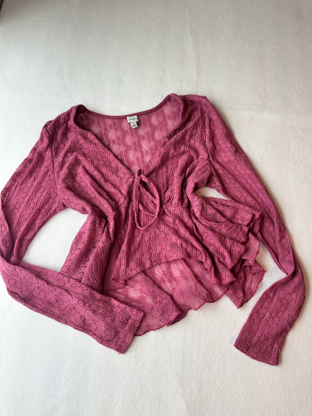 Y2K Mauve Sheer Lace Tie Front Long Sleeve Top Fairycore Coquette